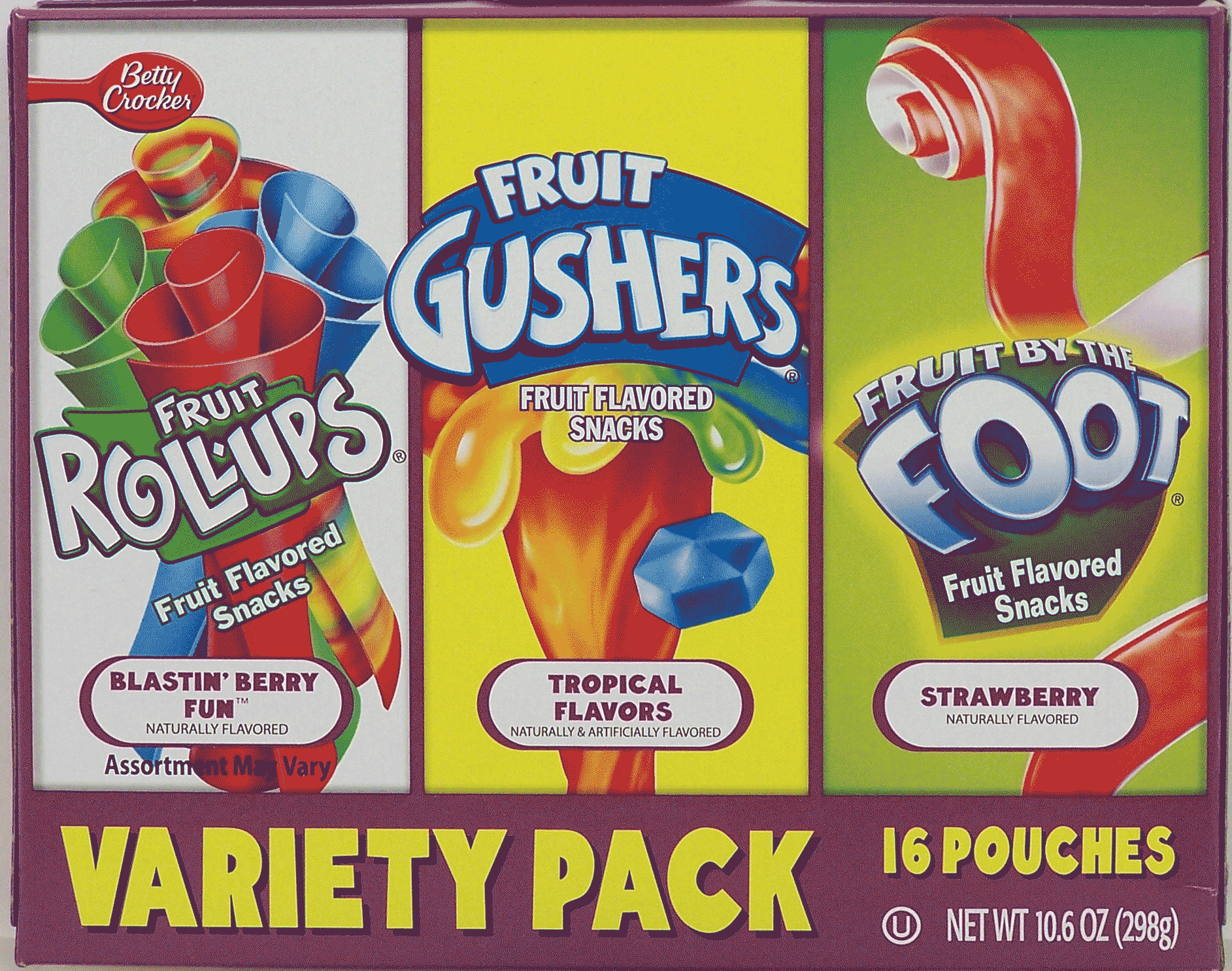 Betty Crocker&nbsp;Variety Pack&nbsp;blastin berry fun fruit roll up, tropical fruit gushers, strawberry fruit by the foot, 16 pouches Full-Size Picture
